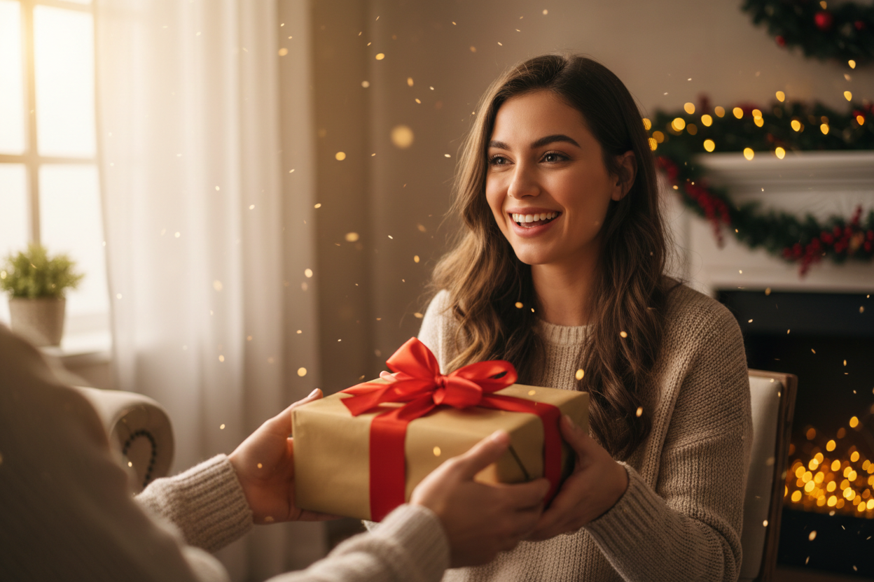 mujer contenta a la que le estan dando una caja de regalo